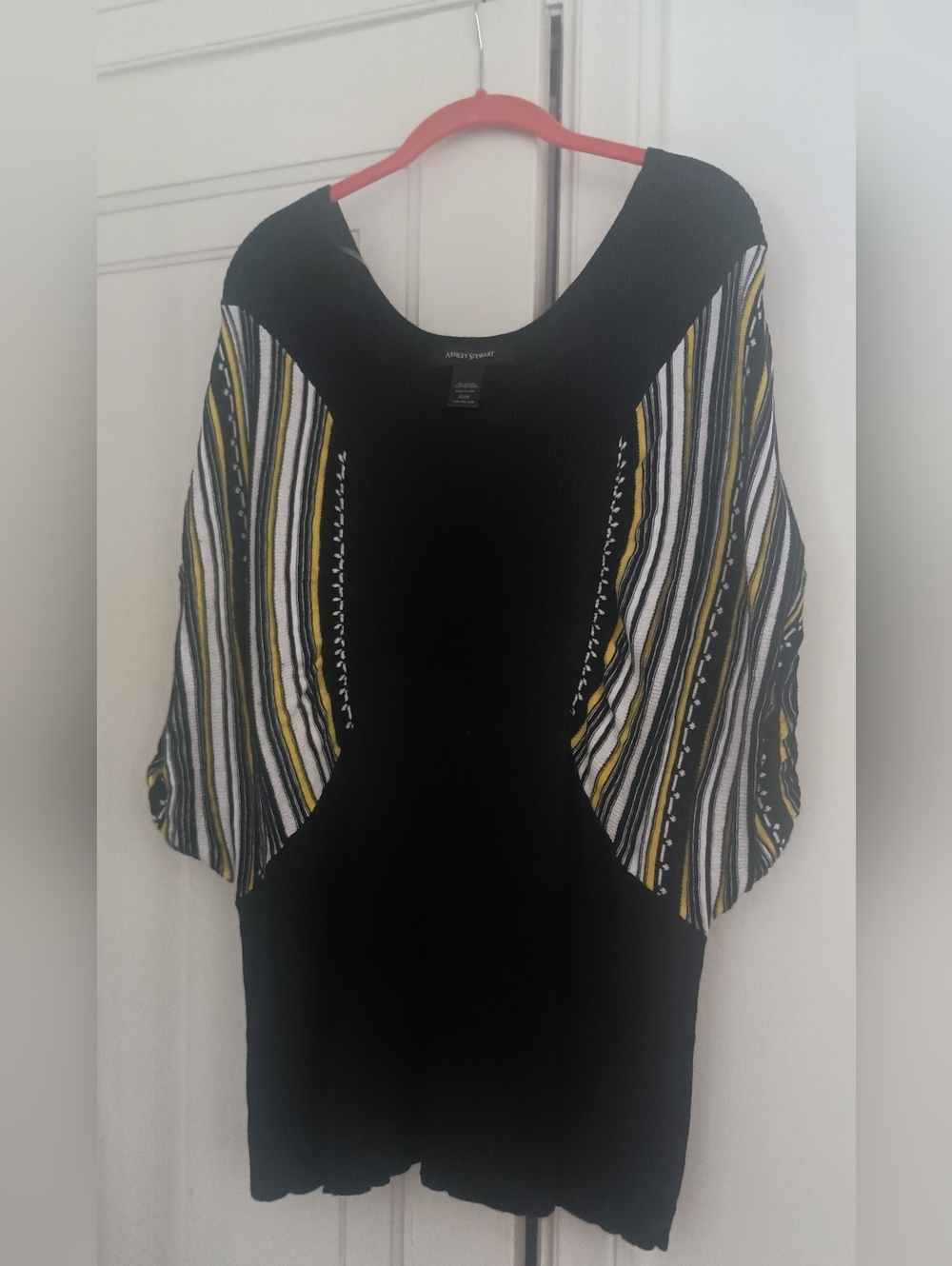 Ashley Stewart Black Lightweight Sweater Striped Yellow & White Dolman Sleeves